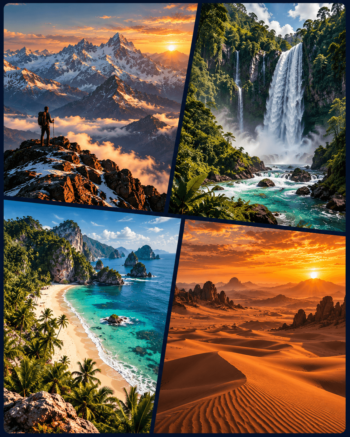 Mountains, waterfalls, beaches and deserts